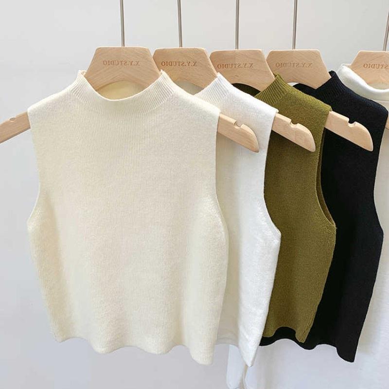 Semi-turtleneck Knitted Suspender Small Vest Women's Early Autumn Spring Suit with Bottoming Shirt Inside, Sleeveless Outer Wear Short Sweater Winter