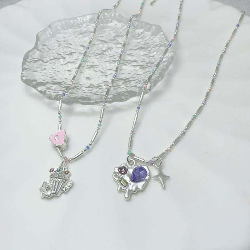 Colorful Oil Drop Zircon Heart Necklace Party Jewelry for Women Couples Collarbone Clavicle Chain Sweet Pendant Chokers