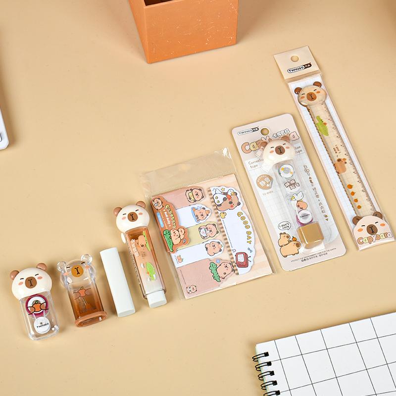 7pcs Capybara Stationery Set, Ruler & Correction Tape & Glue Tape & Eraser & Sticky Notes Value Pack, Student Reward Gift