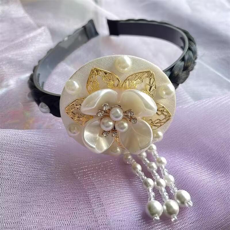 Korean Traditional Dance Hairband for Children: Ethnic Cute Round Hanbok Headdress with Pearls
