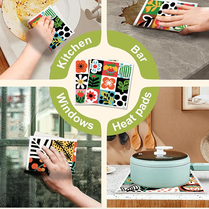 6PCS Cleaning Dishcloths Reusable Kitchen Dish Towels Retro Memphis Style Floral Cloth Absorbent Lint Free Dishcloth Washable Duster Rags Tea Towels