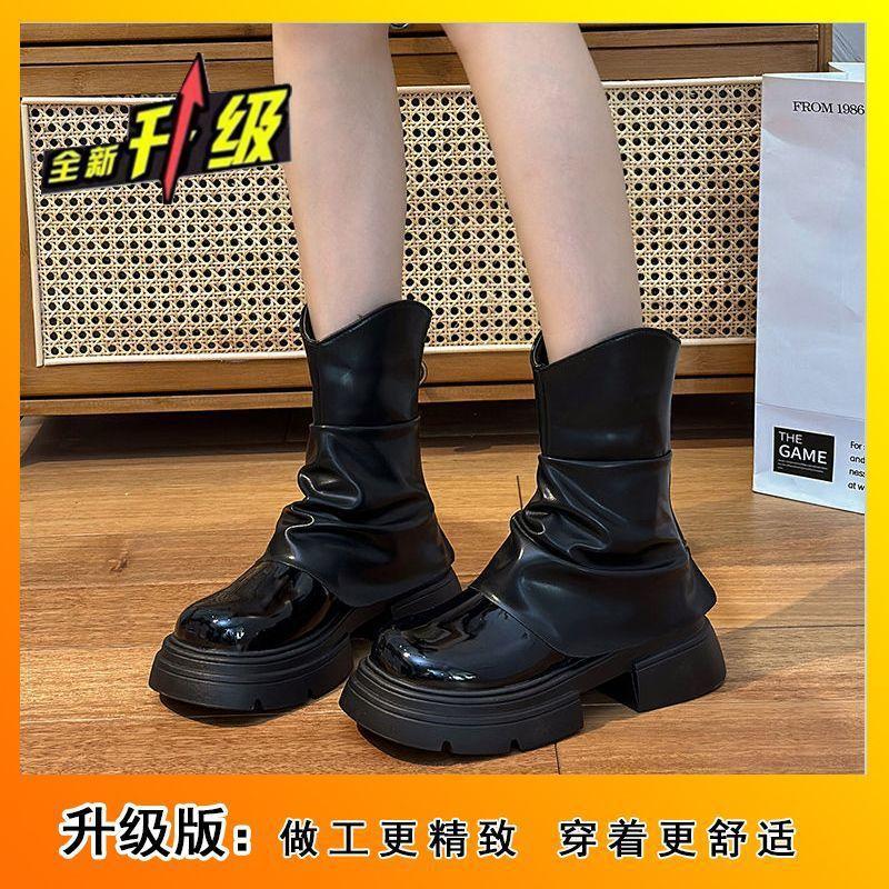 

Белые короткие ботинки женские на толстой подошве, небольшие ботинки на танкетке, 2025 новые плиссированные ботинки-трубы для брюк, ботинки Мартин с V-образным вырезом 35