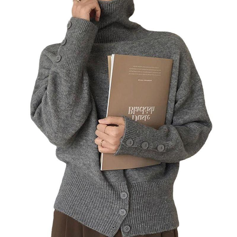 Design Sense High Waist Button Pullover Turtleneck Sweater Women's Autumn and Winter Retro Lazy Style Wear Knitted Sweater