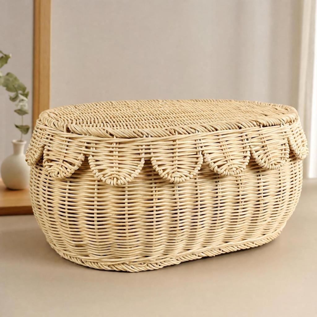 Rattan Storage Basket with Woven Lid Textured Desktop Organizer for Household