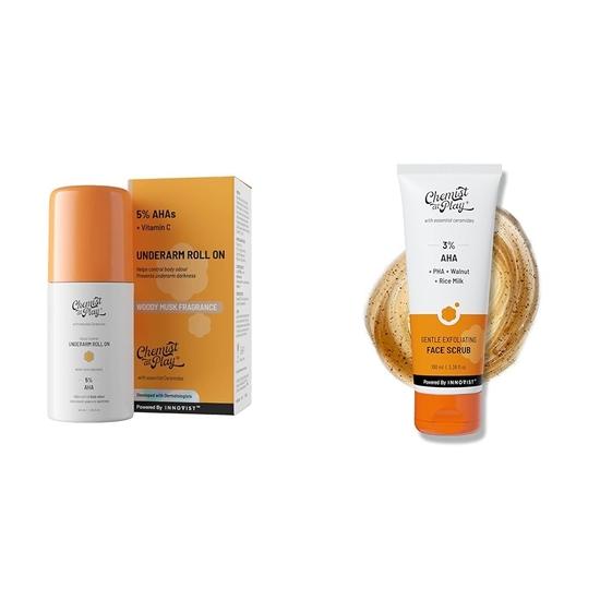 Chemist At Play UnderArm Roll-On Deodorant with 5% AHA, Lactic Acid & 1% Mandelic Acid Vegan| 40ml Gentle Exfoliating Face Scrub  | 100ml