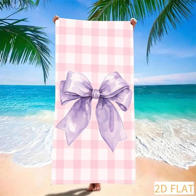 Tropical Plaid Bow Beach Towel Super Absorbent Quick Dry Microfiber With Cute Pink Bow Soft Sand Free Blanket For Summer Picnic