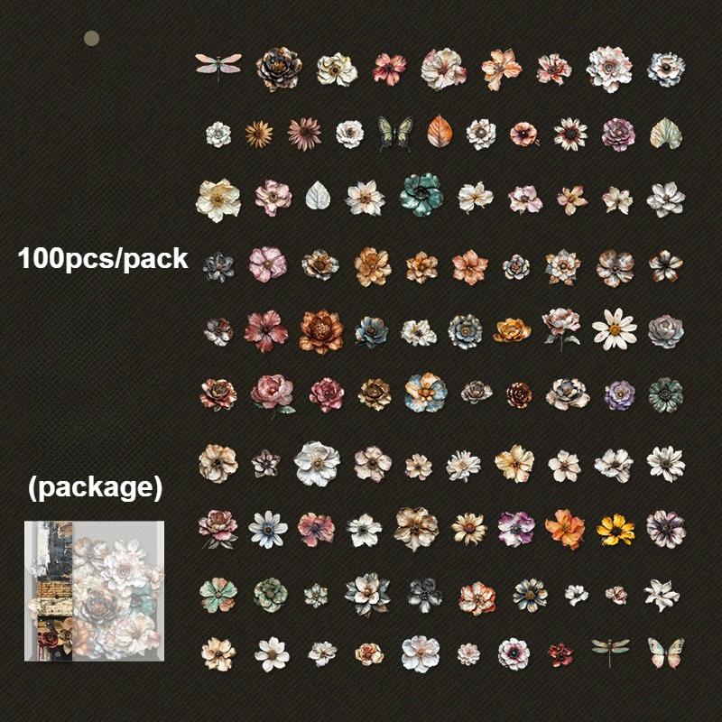 

One pack of 100 retro flower hard card stickers for DIY scrapbooking and photo album decoration scrapbooking craft supplies