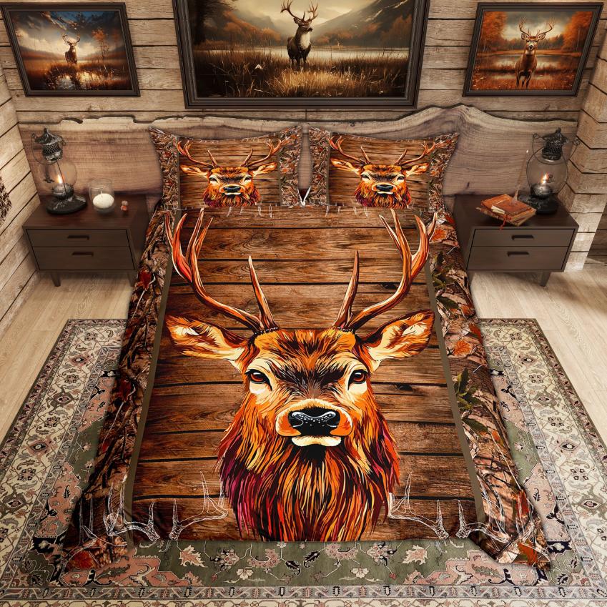 Homewish Rustic Deer Bear Duvet Cover Set Woodland Animal Checkered Quilt Cover Set Farmhouse Lodge Cabin Bedding Set