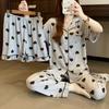 Short-Sleeved Three-Piece Printed Lapel Collar Summer Thin High-End Gray Pajamas Women'S Wrinkled Cloth Loungewear Can Be Worn Outside