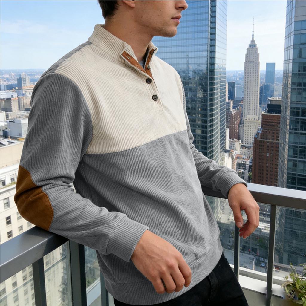 New Men's Corduroy Patchwork Contrast Collar Oversized Long-Sleeved Knitted Sweatshirt