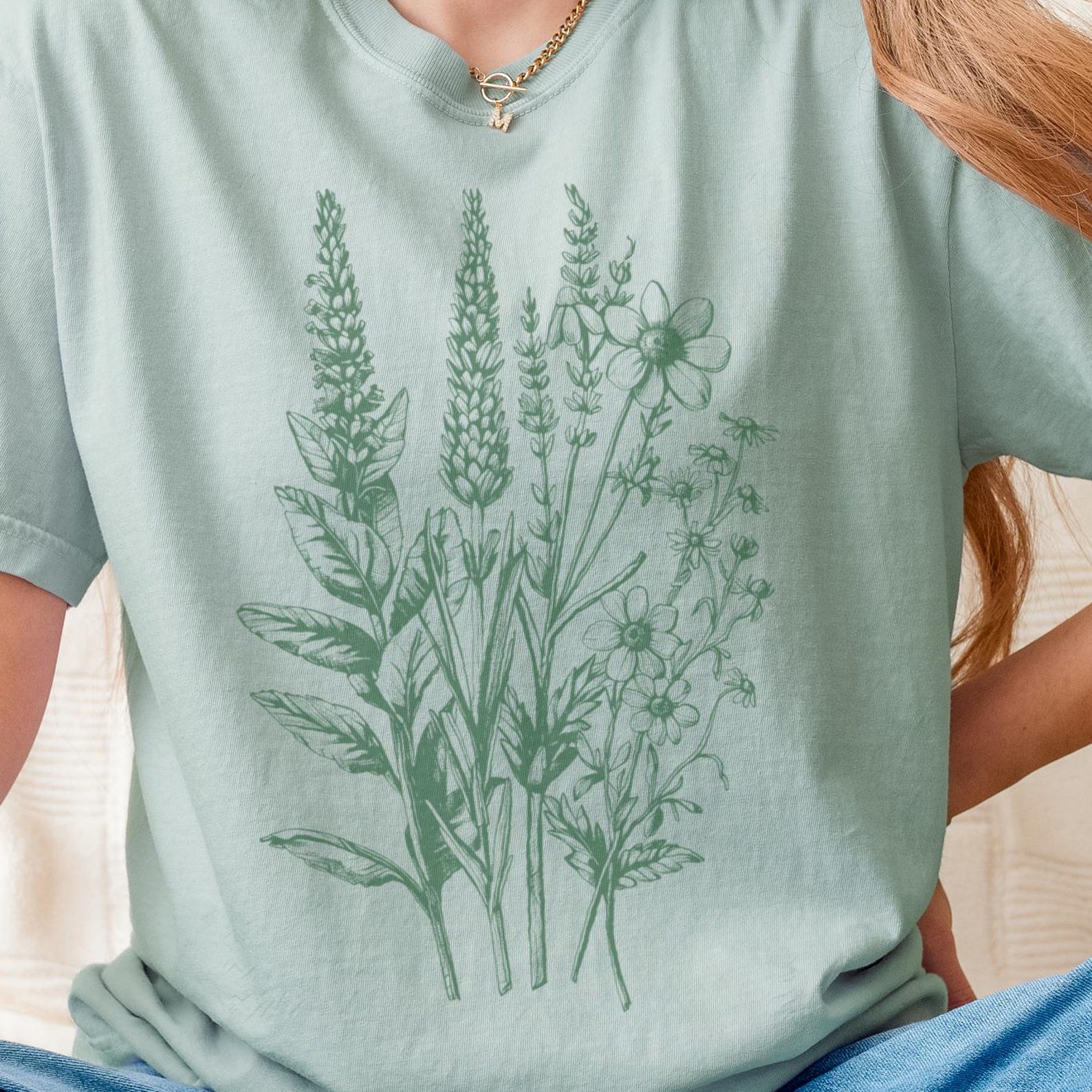 Herb Bundle Botanical T-Shirt, Linocut Floral Design Unisex Tee Spring Floral 110