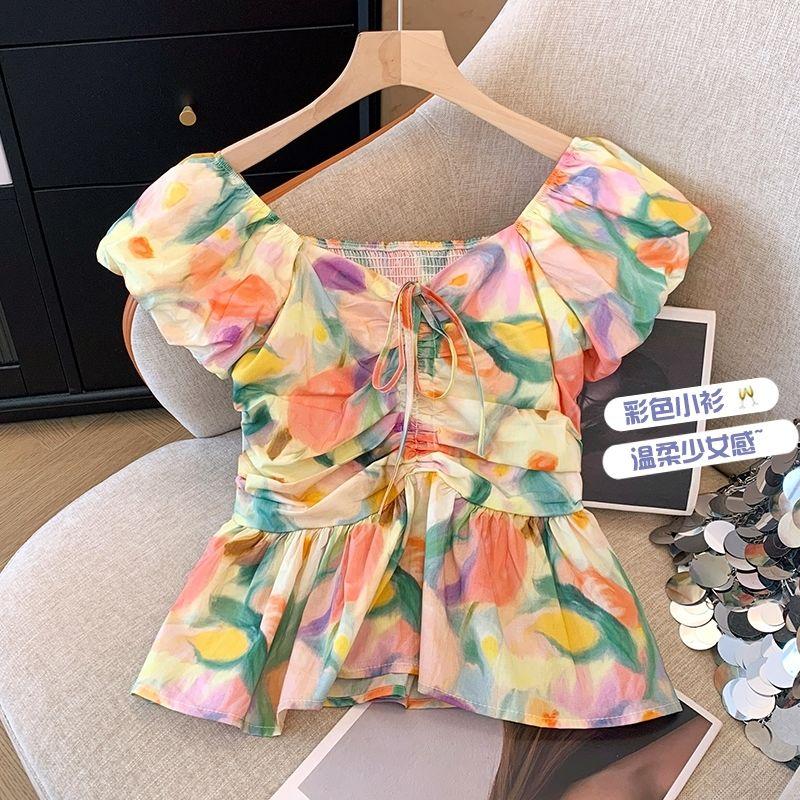 Womens Floral Print Square Neck Puff Sleeve Ruched Waist Crop Top S оранжевый