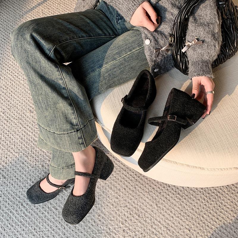 Women's thick heels, high heels, gray Mary Jane single shoes, new square head, fluffy woolen commute