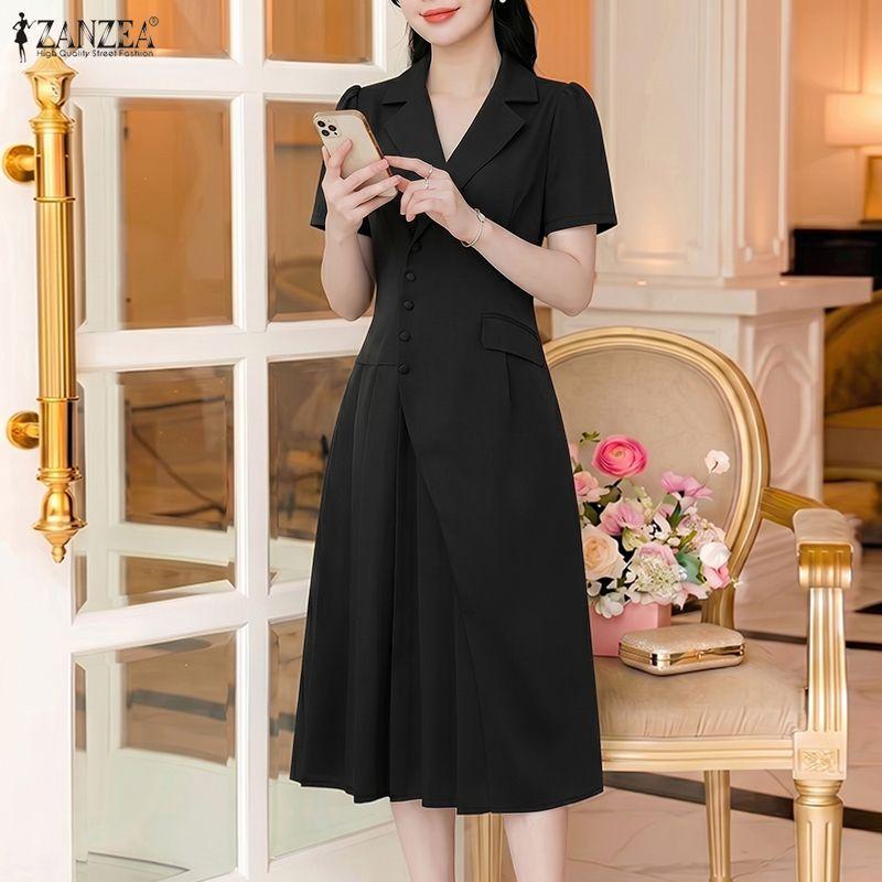 ZANZEA Women Casual Turn Down Collar Solid Color Short Sleeve Dress