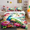 Peacock and Floral Landscape Bedding Duvet Cover Set (1*Duvet Cover 2*Pillowcases, Without Duvet Insert)