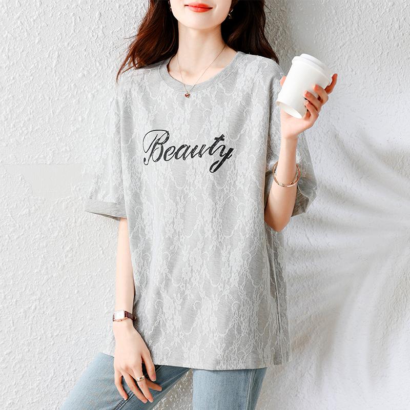DIMANAF 2025 New Summer Plus Size T-Shirt Fashion Women O-Neck Letter Printing Short Sleeve Solid Loose Lace Tops Tees