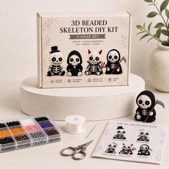 Beaded Skeleton DIY Kit, Tiny 3D Beaded Skeleton Craft Set with Colorful Beads Wire Needle And Instructions, Cute Skeleton Bead Art Kit for Beginners