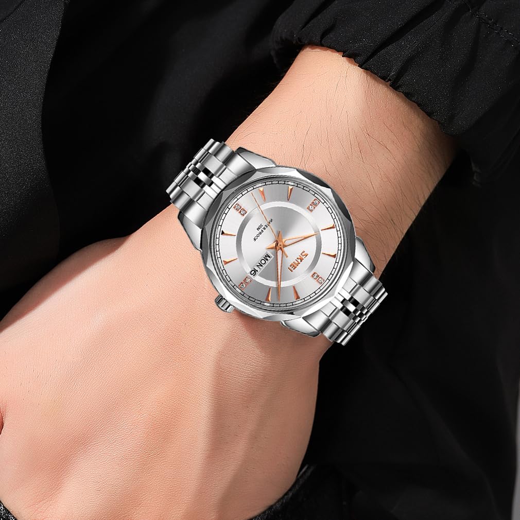 SKMEI Armbanduhr für Herren, Edelstahl, Business, klassisch, Armbanduhr, wasserdicht, analog, stilvoll, schlicht, Datum, Wochentag, Uhr, Luxus-Geschenk, Silber
