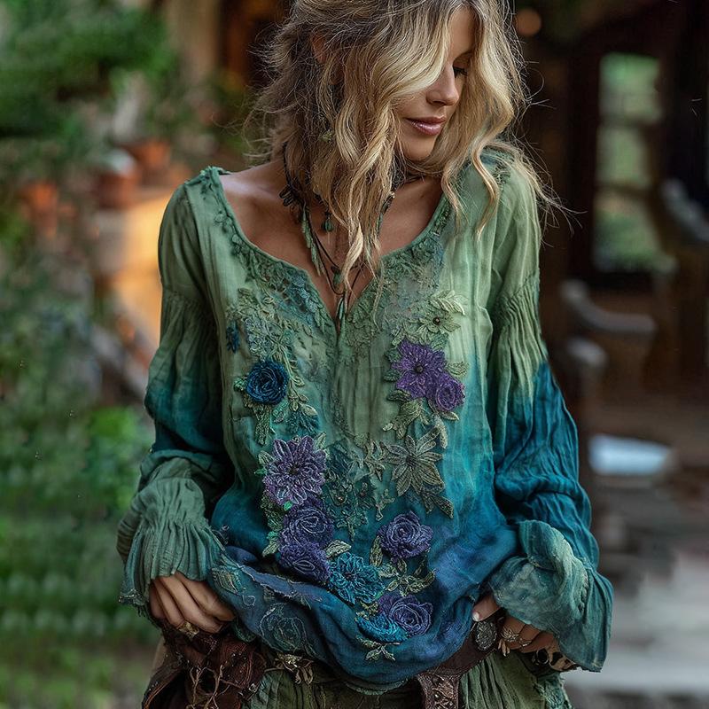 Camicetta da Donna Scollo a V Manica Lunga Vestibilità Regolare Casual Stampa Floreale Camicia Boemia
