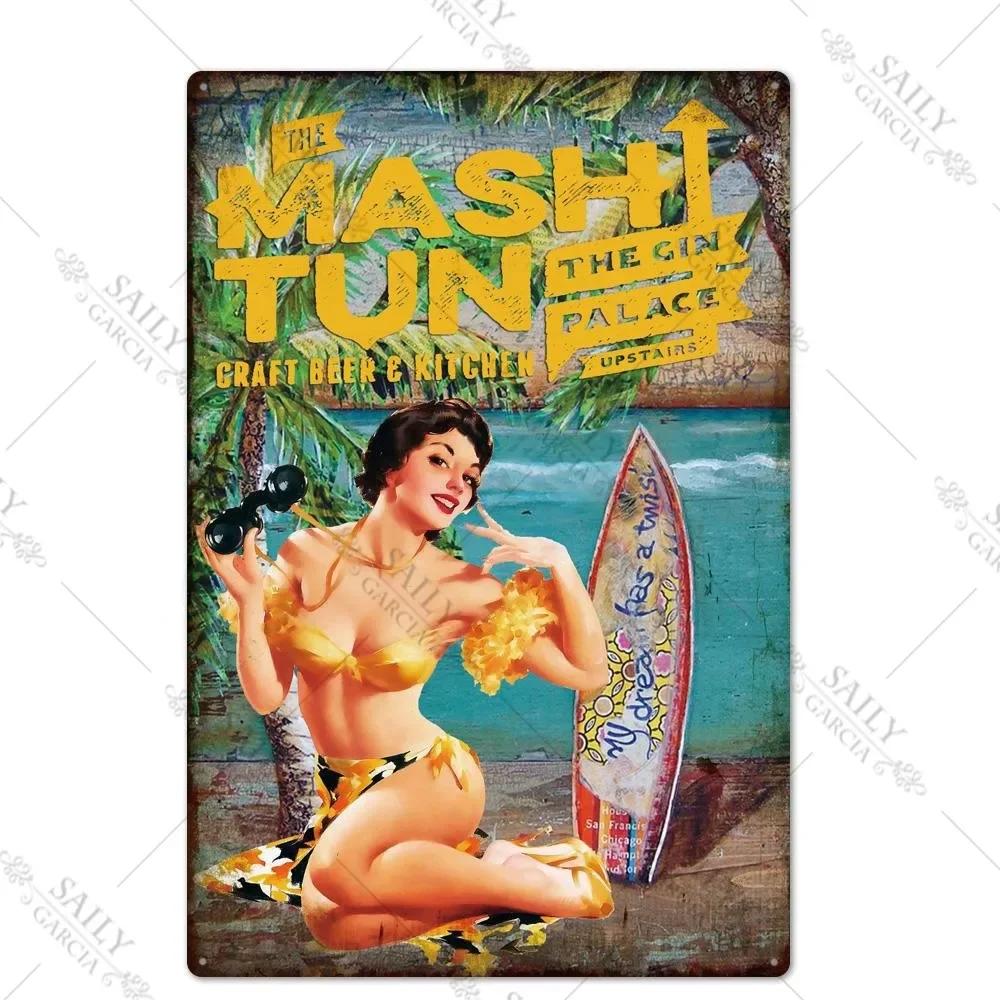 Vintage Surfing Girls Metal Sign Posters for Home Decor Fashion Art Wall Mural Bar Pub Sign Decor Metal Plate