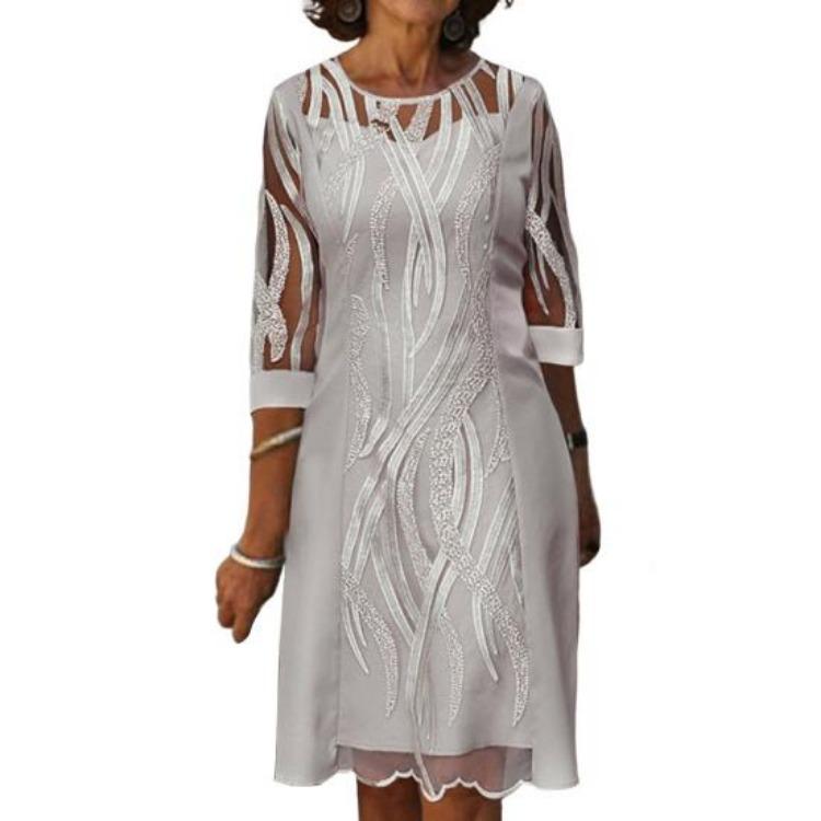 Vestido de Festa da Moda 2024 Mulheres Gola Redonda Renda Emenda Midi Comprimento do Joelho Falso Duas Peças Versátil Roupa Feminina