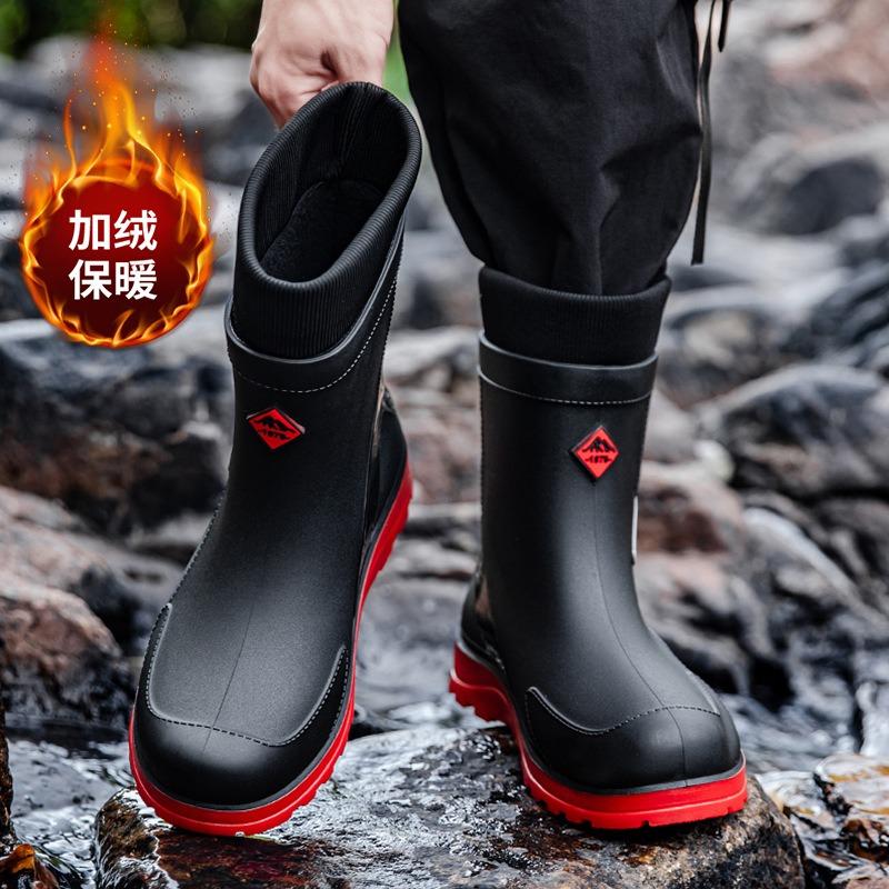 Winter velvet rain shoes men's medium tube thick-soled non-slip men's wear-resistant water shoes outdoor waterproof and warm rain boots