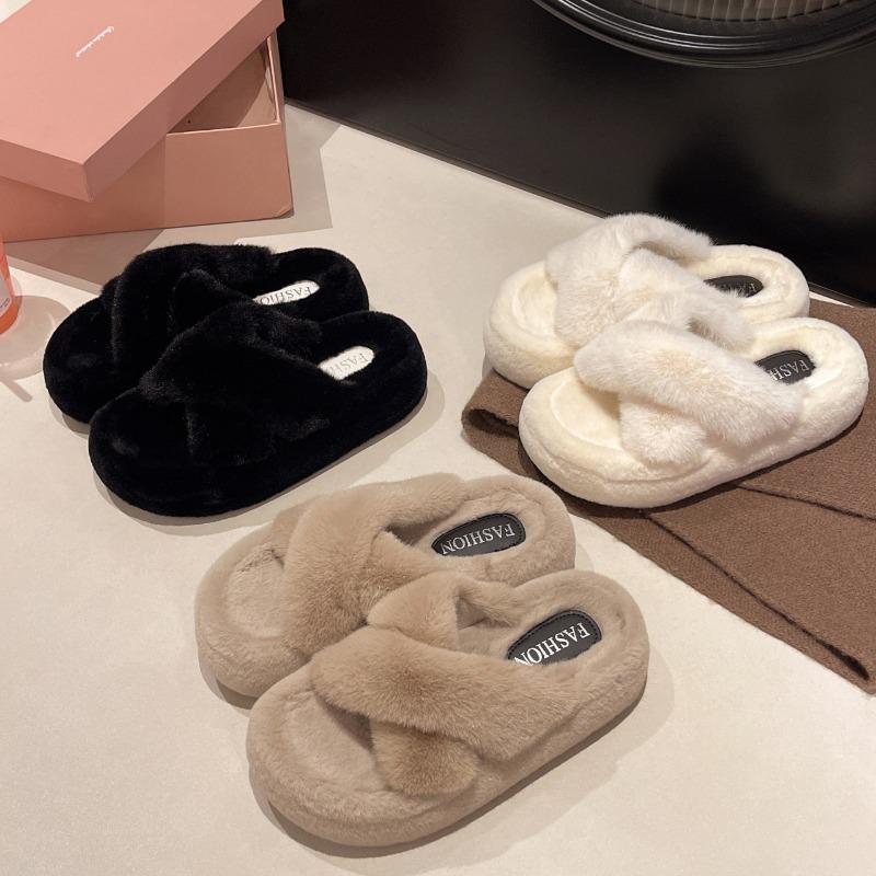 Cross-strapped fluffy slippers for women to wear outside autumn and winter new thick-soled heightened plush cotton slippers