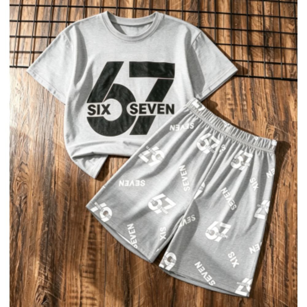 Herrset Six Seven 67 Tryckt Herr T-shirt och Shorts 2-delat Set Sommar Casual Utomhus Herr- och Dam-T-shirtset