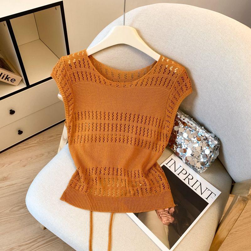

Counter Withdrawal Cut Label Crochet Cut Out Sleeveless Knitwear Women s Summer New Arrival Western Style Waist-Slimming Shoelace Thin Tops Orange S