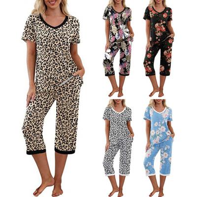 2 Pcs/Set Women Summer Pajamas Flower Printing V Neck Short Sleeve Shirt Elastic Waist Cropped Trousers Homewear Casual Outfit Spring Sleepwear
