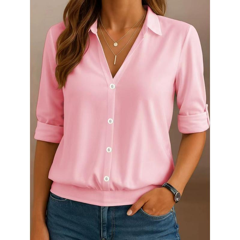 Summer Shirt New Women Casual Button Tops V-Neck Solid Color Blouse