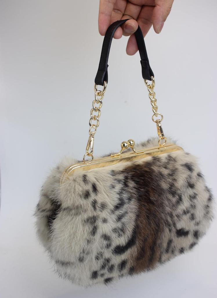 Fosrion Echte Kaninchenfell-Verschluss Handtasche für Damen, Klein, 2-Wege, Tierprint, mit Schultergurt (Braunes Kamm-Muster)