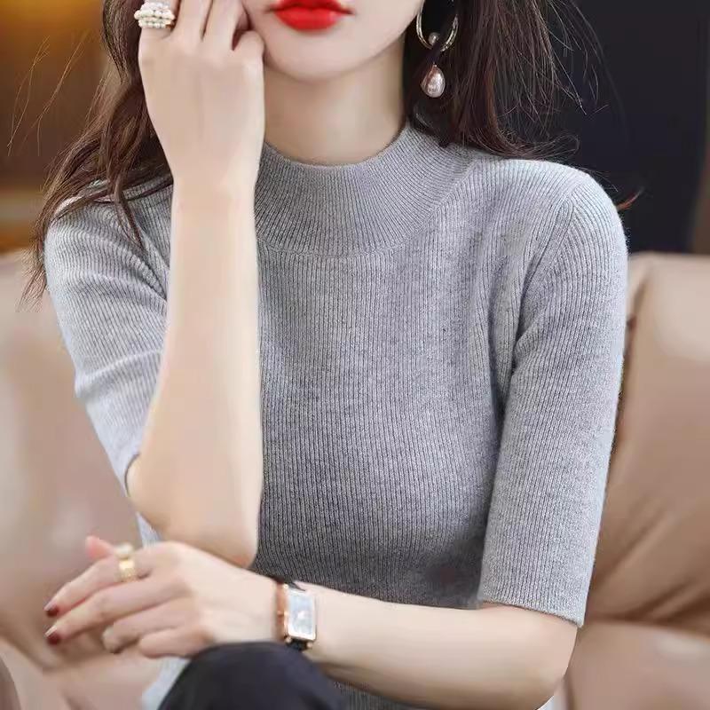 Women's Angola Red Slim Fit Knitted Pullover Sweater with Half-High Neck & Five-Sleeves for Spring & Autumn 2025.