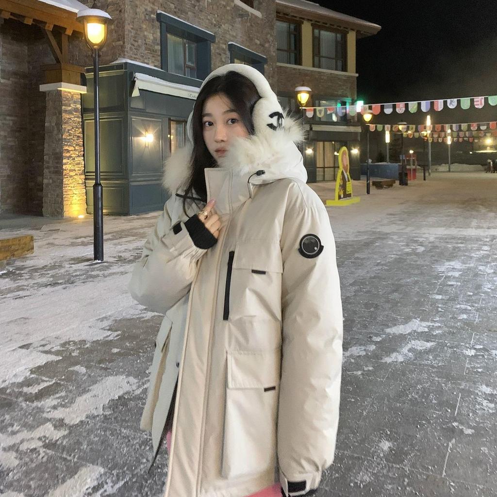 Veste en duvet de canard blanc pour femme 2024 - Longueur moyenne/longue, vêtements de travail à la mode, coupe ample avec grand col en fourrure, épaissie pour plus de chaleur