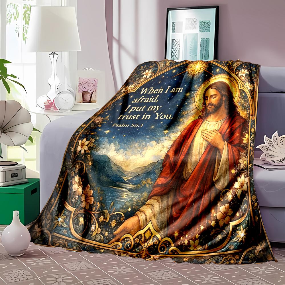 Religious theme starry sky verse Faith-printed Flannel Blanket Soft and Warm Suitable for Home Travel Picnics Camping and RV