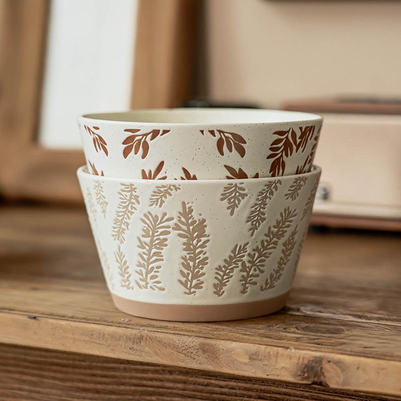 Salad Bowl Pastoral Hand-Painted Ceramic Bowl Japanese-Style Relief Rough Pottery Bowl Household Tableware Rice Bowl Vegetable Bowl Fruit Bowl