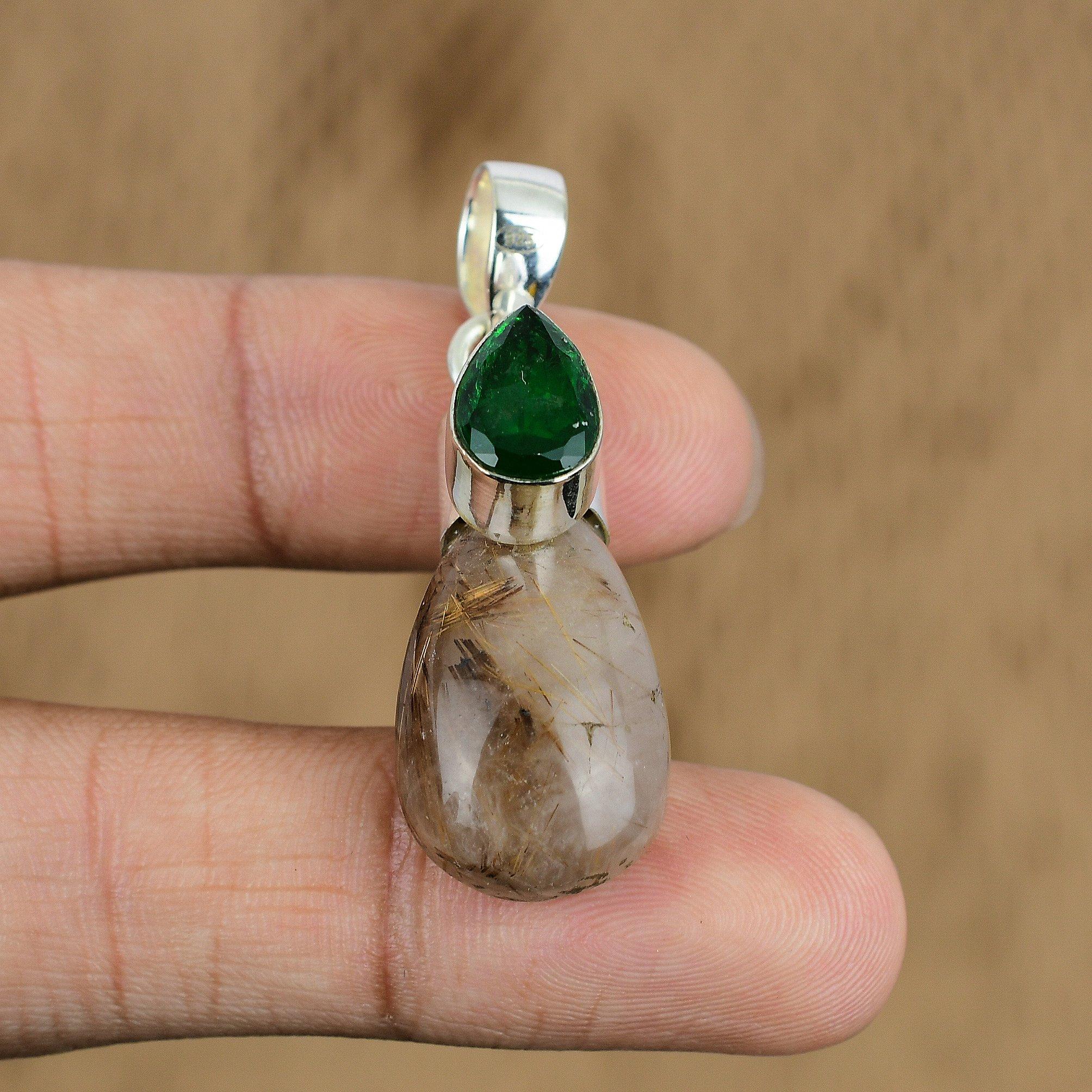 

Natural Golden Rutile Gemstone Pendant Gold 925 Sterling Silver Indian Jewelry