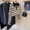 Premium Contrasting Color Striped Polo Lapel Pullover Knitted Sweater Women's Autumn and Winter Design Sense Niche Hong Kong Flavor Versatile Sweater