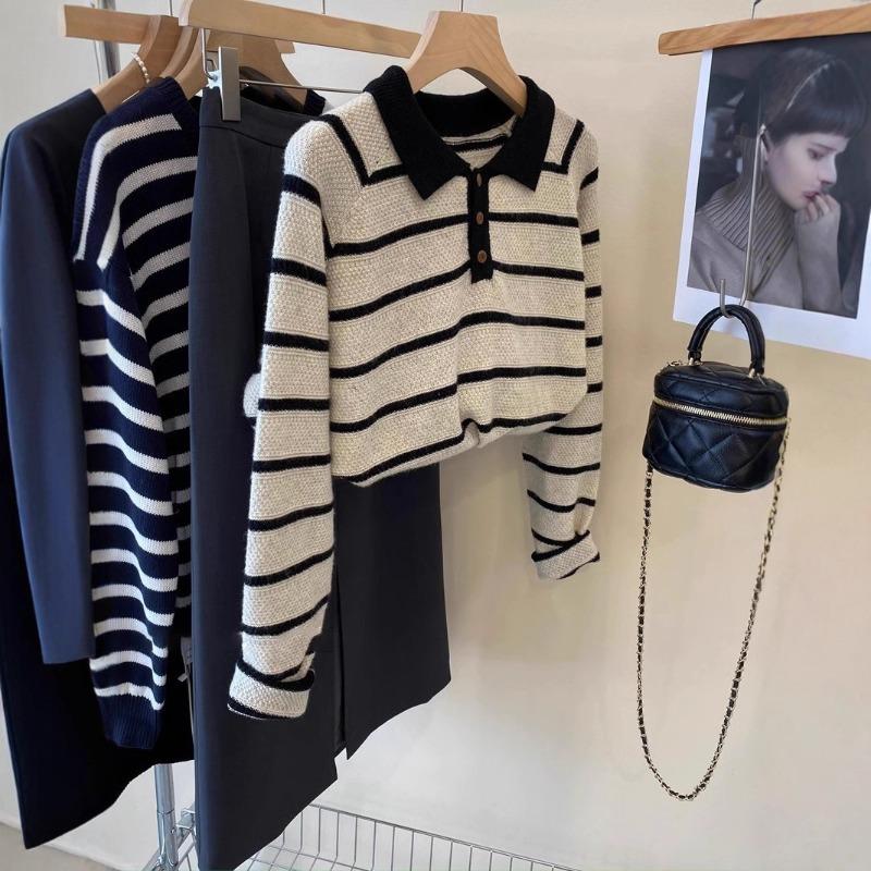 Premium Contrasting Color Striped Polo Lapel Pullover Knitted Sweater Women's Autumn and Winter Design Sense Niche Hong Kong Flavor Versatile Sweater