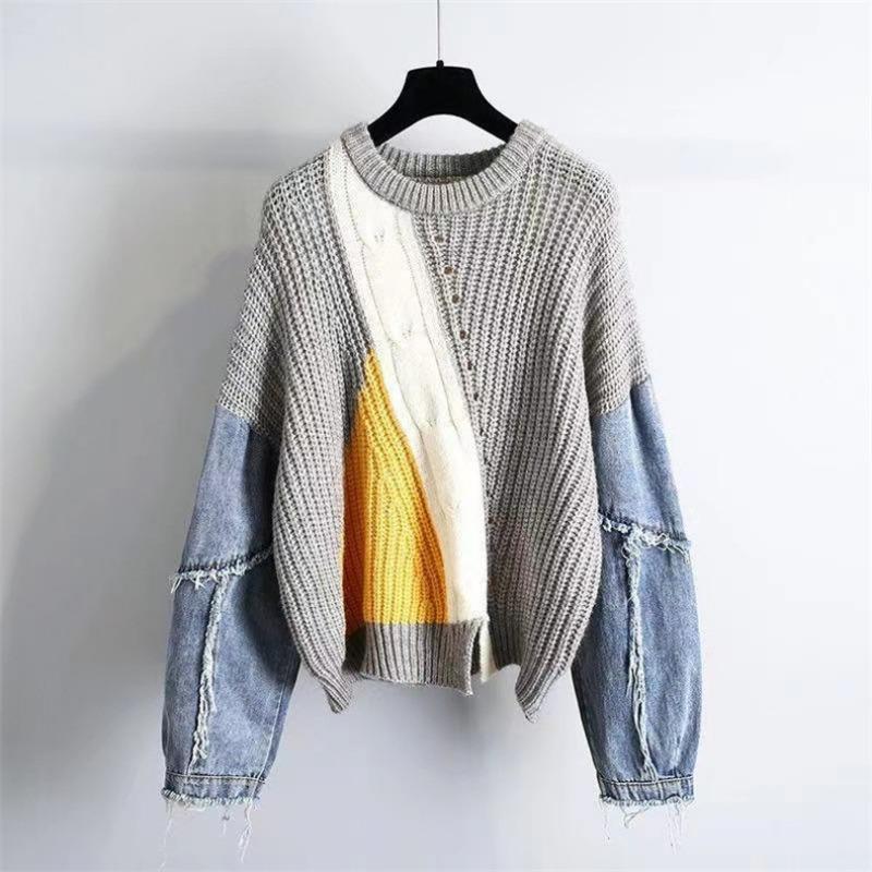 Sweater Denim Patchwork Twist Pullover Top for Girls