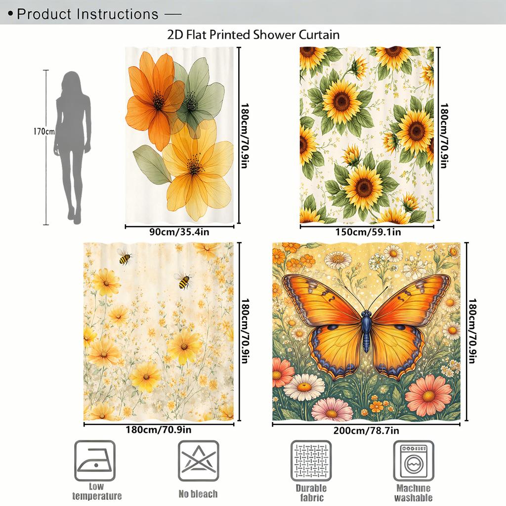 Vibrant Floral & Butterfly Pattern Polyester Shower Curtain - Charming Bathroom Decor, Stylized Bath Linen For Home