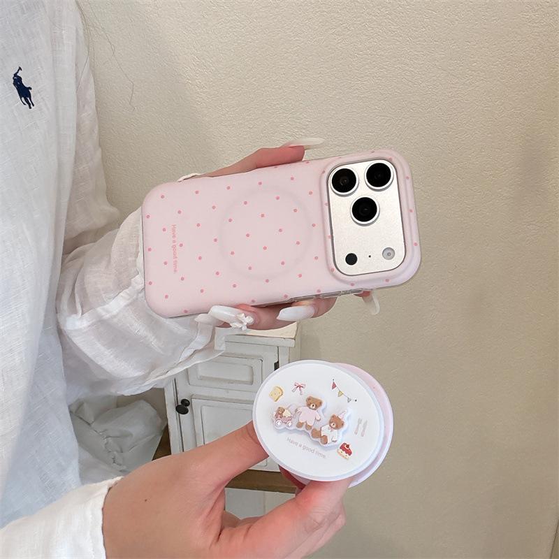 Pink Polka Dot Little Bear Magnetic Phone Case for iPhone 17, Apple 16 Pro Max, 15, 14 - Girly Design