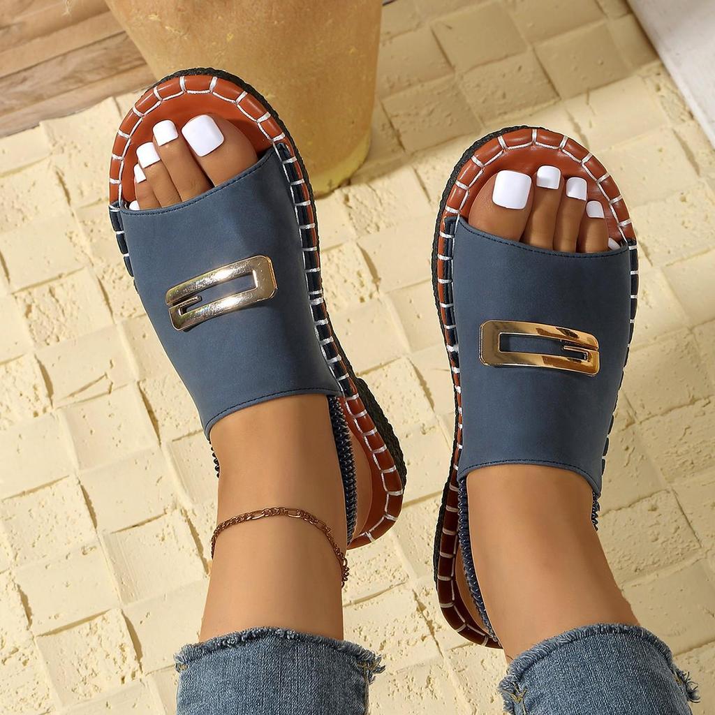 Women's European & American Flat Sandals with Elastic Fabric Band and Metal Accents, Plus Size, Beach-Ready.