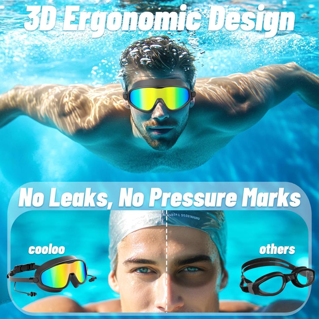 Wide View No Leaking Swim Goggles 2 Pack, Anti-Fog & Anti-UV Adult Swimming Goggles for Men Women Youth