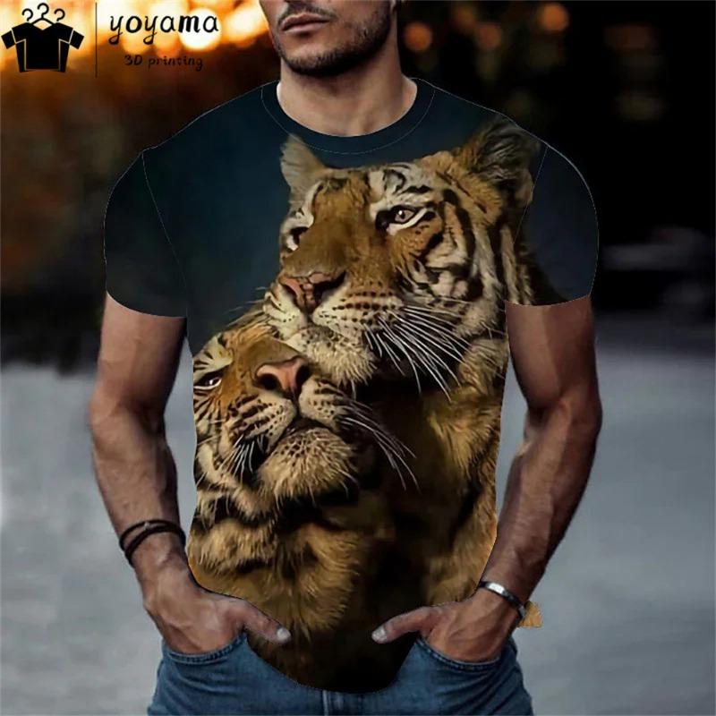 Męski T-shirt z krótkim rękawem z okrągłym dekoltem i nadrukiem cyfrowym 3D tygrysa - Modny Oddychający Wygodny Top na Lato Oversize