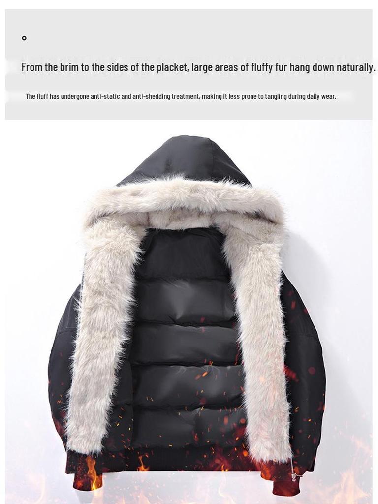 Jaqueta de Neve Masculina Retro com Capuz, Estampa Leopardo das Neves, Gola de Pelo Genuíno, 90% Penugem de Pato, Estilo Curto para Exterior.