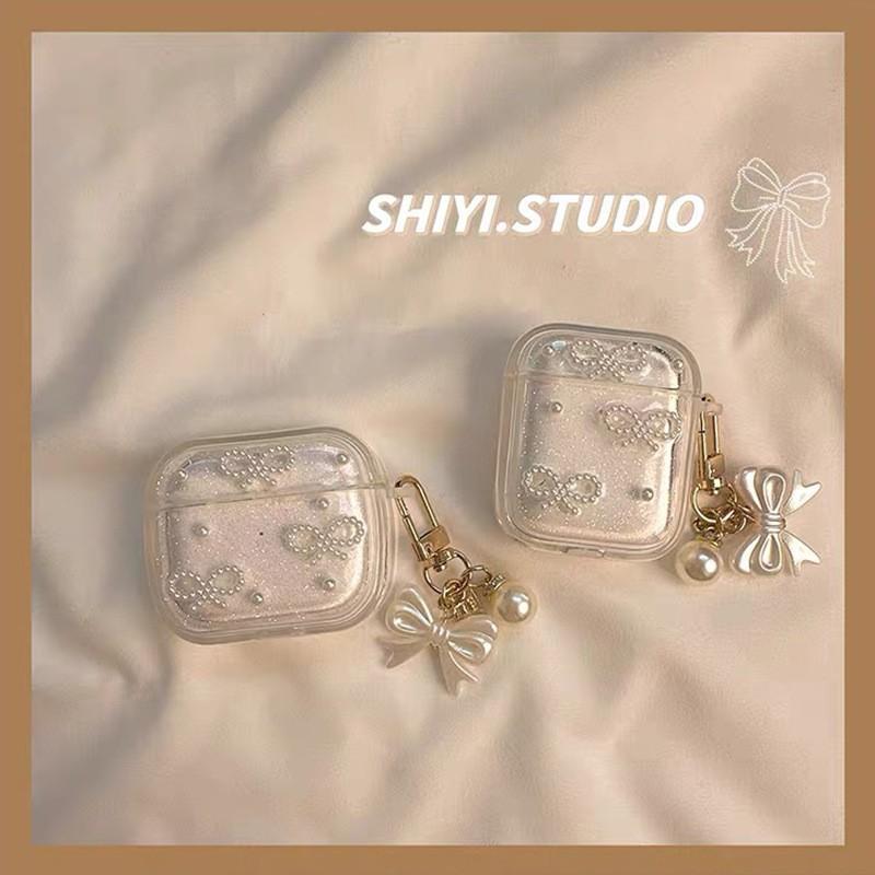 

Suitable Apple Bluetooth Earphone Cover Airpods4 Protective Case Airpodspro3 Pendant Sparkling Pink Pearl Tie AirPods Pro 3