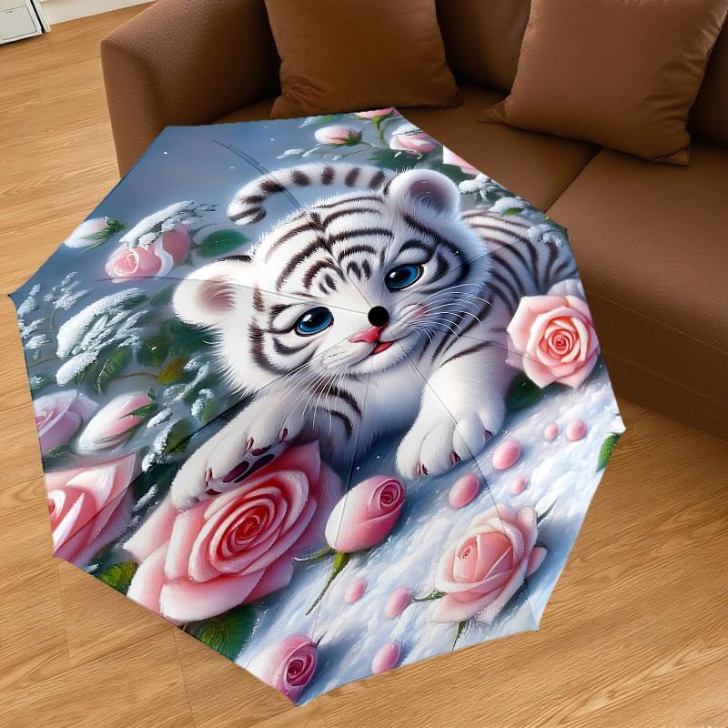 1PC tiger cub, pink roses Automatic Open/Close Umbrella with Windproof, 8-Rib Sturdy Canopy, Durable Ribs, Fashionable Design, Outdoor Accessory, Fun