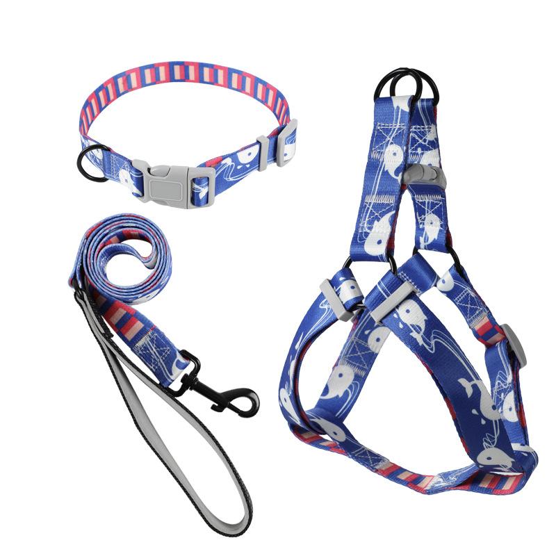 Dog Harness Dog Leash Three-piece Collar Chest Back Pet Leash Printed Dog Leash Pet Supplies