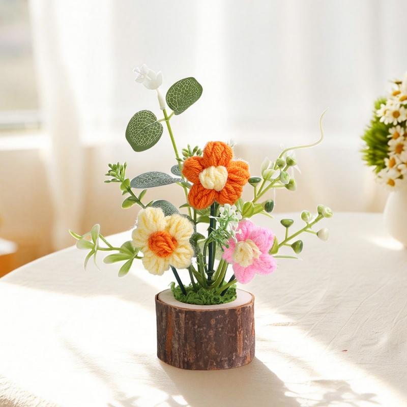 Office Potted Plants Knitted Rose Bouquet Artificial Flower Valentine's Day Party Home Decoration Anniversary Gift Wedding Decor